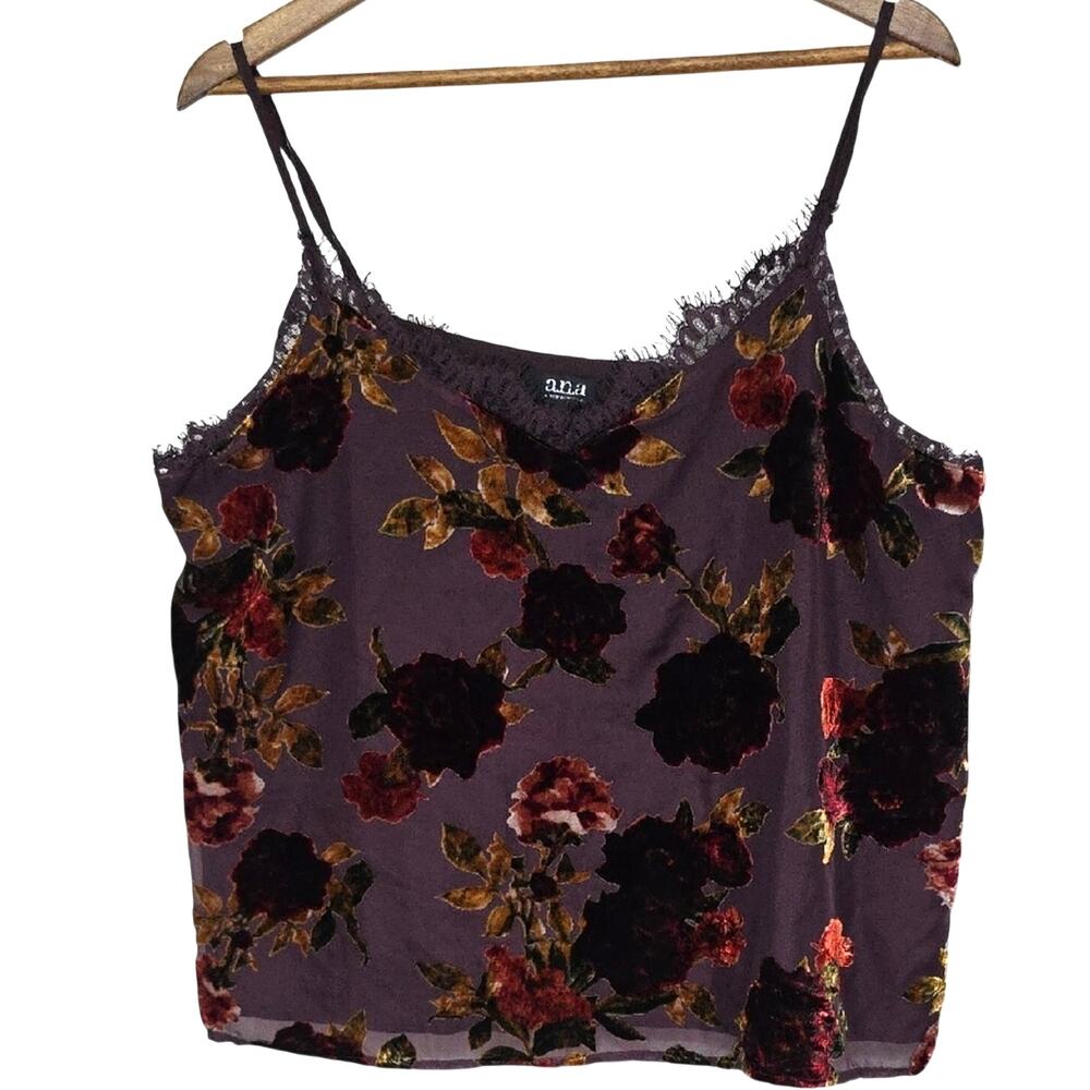 Womens Sz XL Y2K Velvet Burnout Dark Floral Lace Trim Camisole Purple Red Gold